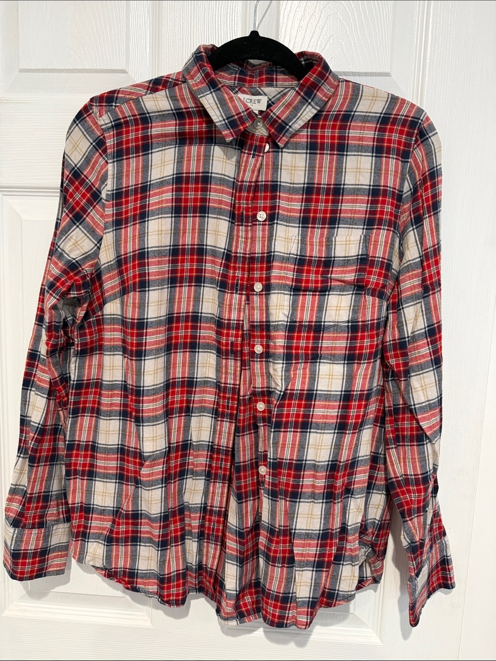 J. Crew Red, Navy and Cream Plaid Button-Down Flannel Shirt size medium